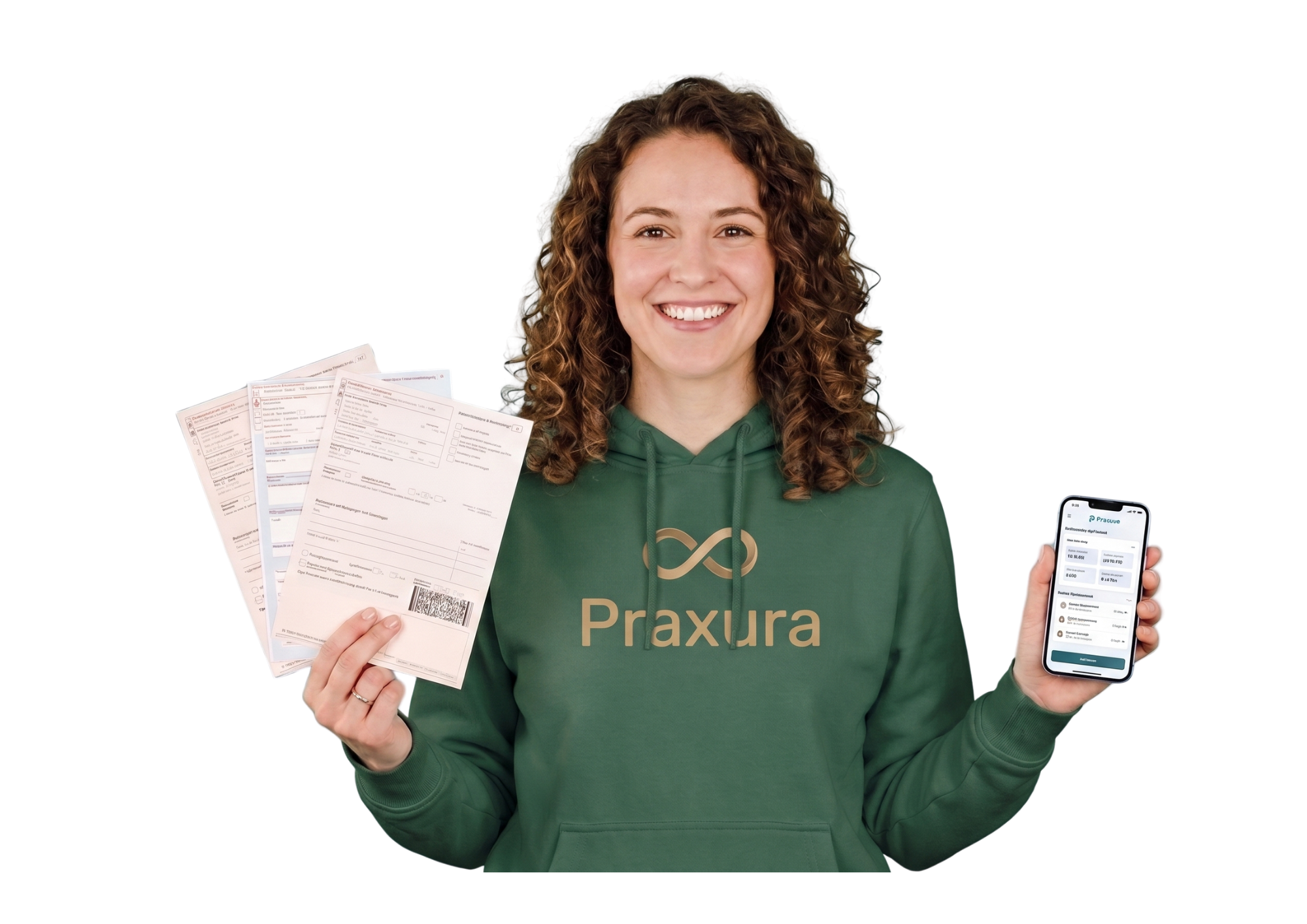 Praxura — Therapeutin mit Rezepten und der App in der Hand